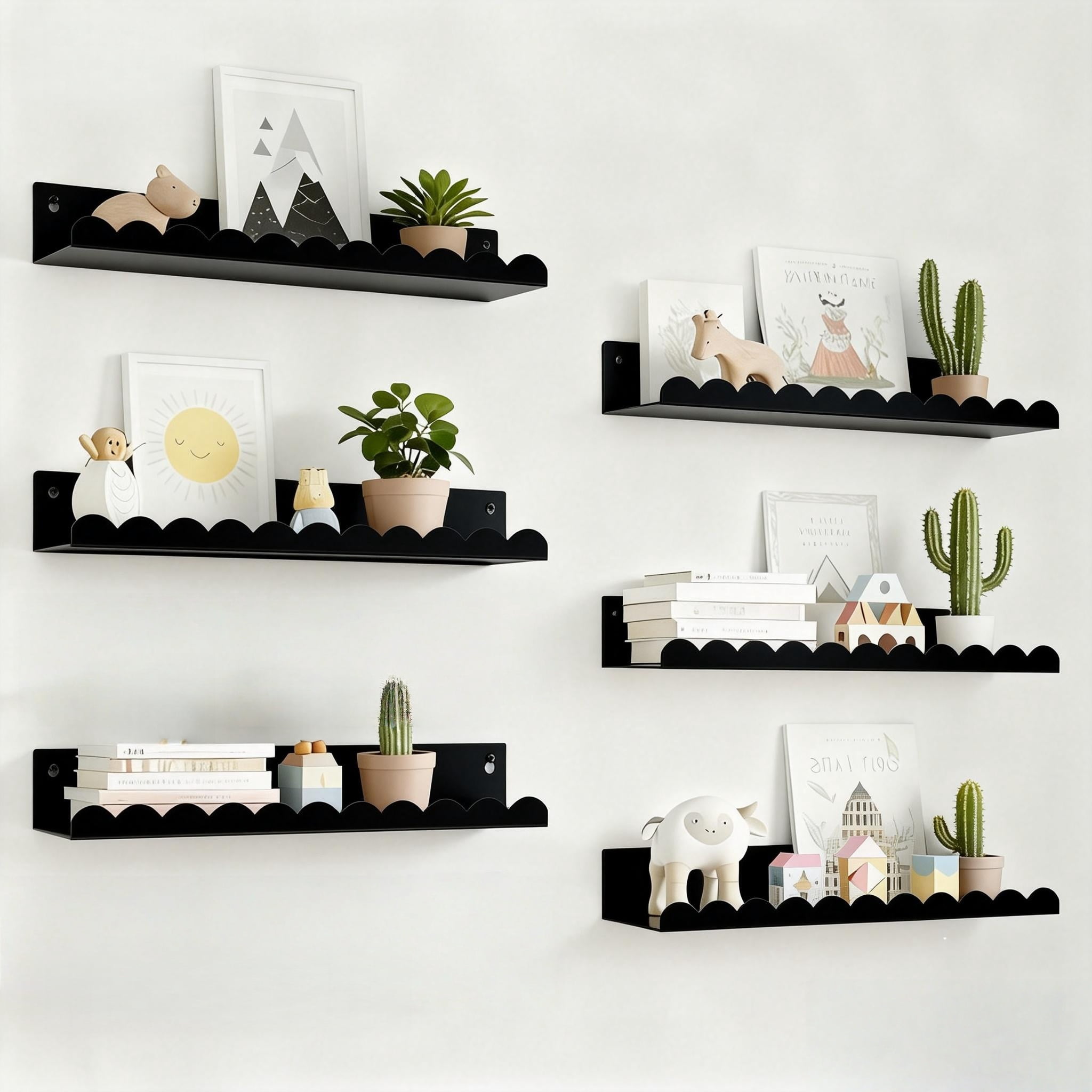6-Piece Black Metal Floating Shelves, 16" Modern Wall  Nursery Bookshelf Display Organizer for Living Room, Office, Bathroom, Bedroom, Kid's Playroom Wall Decor