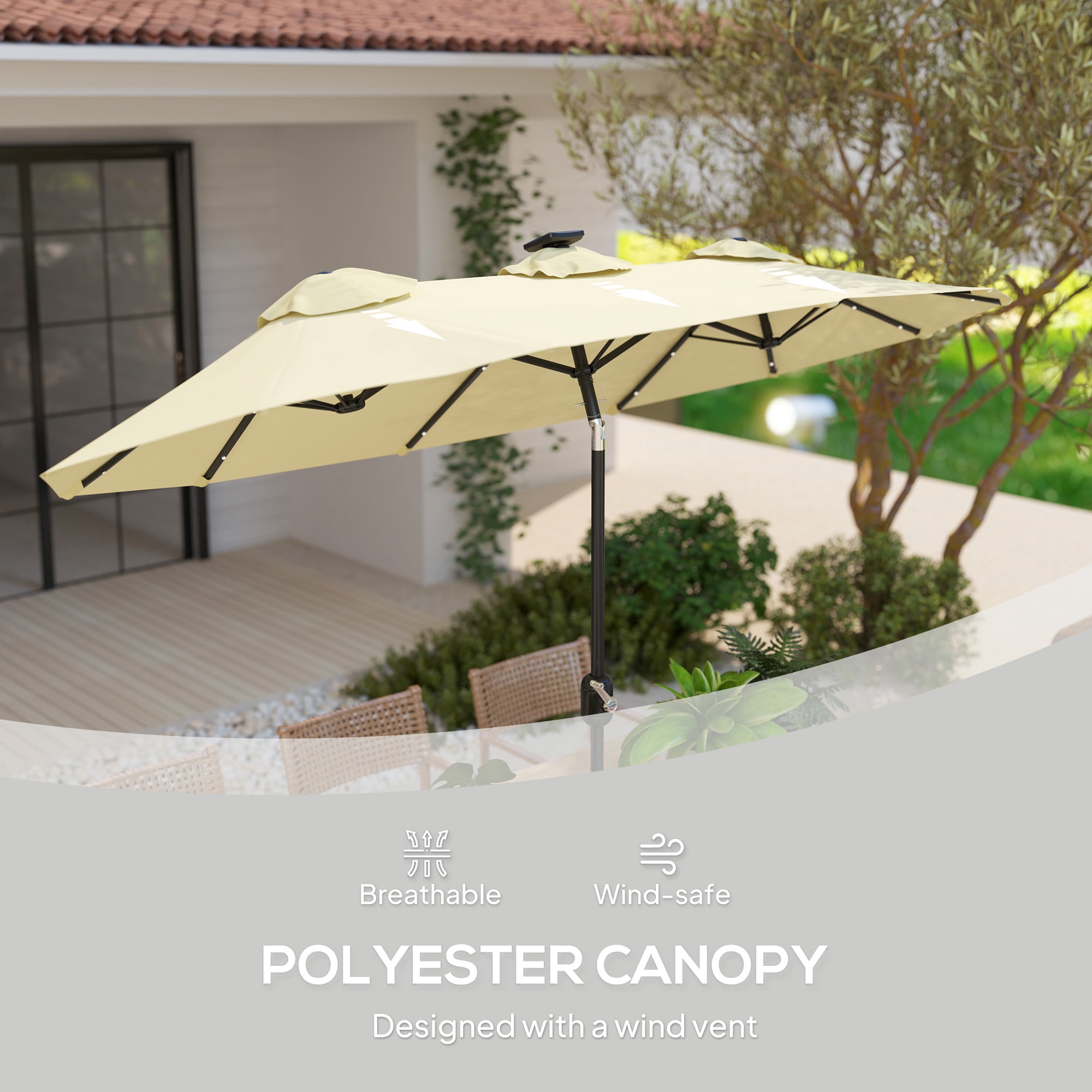 Outsunny 9.7' Double-sided Patio Umbrella with LED Solar Light, Tilt and Crank, Outdoor Umbrella, Cream White