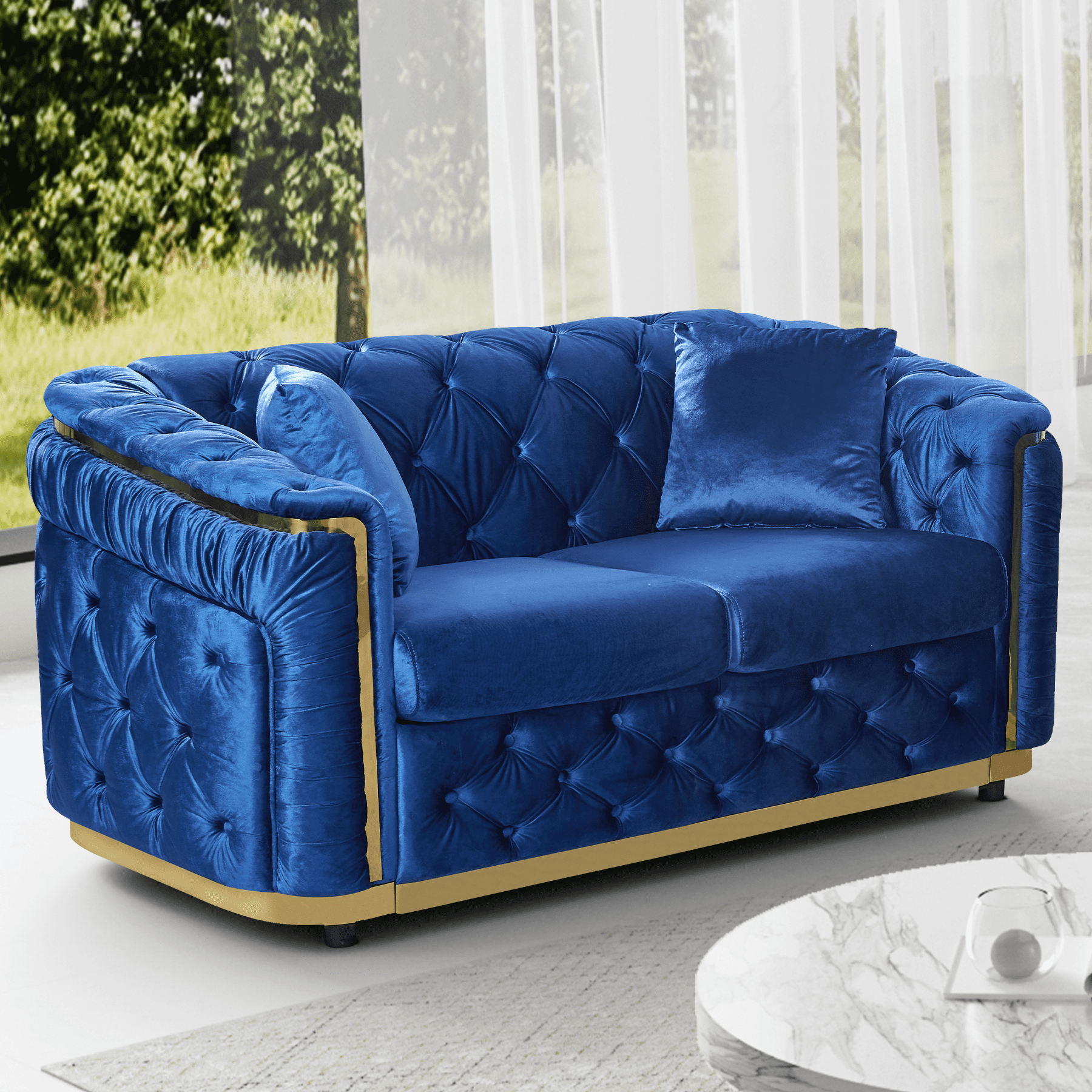Wiilayok 62.6" Velvet Button Tufted Sofa, Mid-Century Classic Chesterfield Sofa Couch with Thick Backrest,Gold Stainless 2 Love Seat Couches for Living Room,Blue