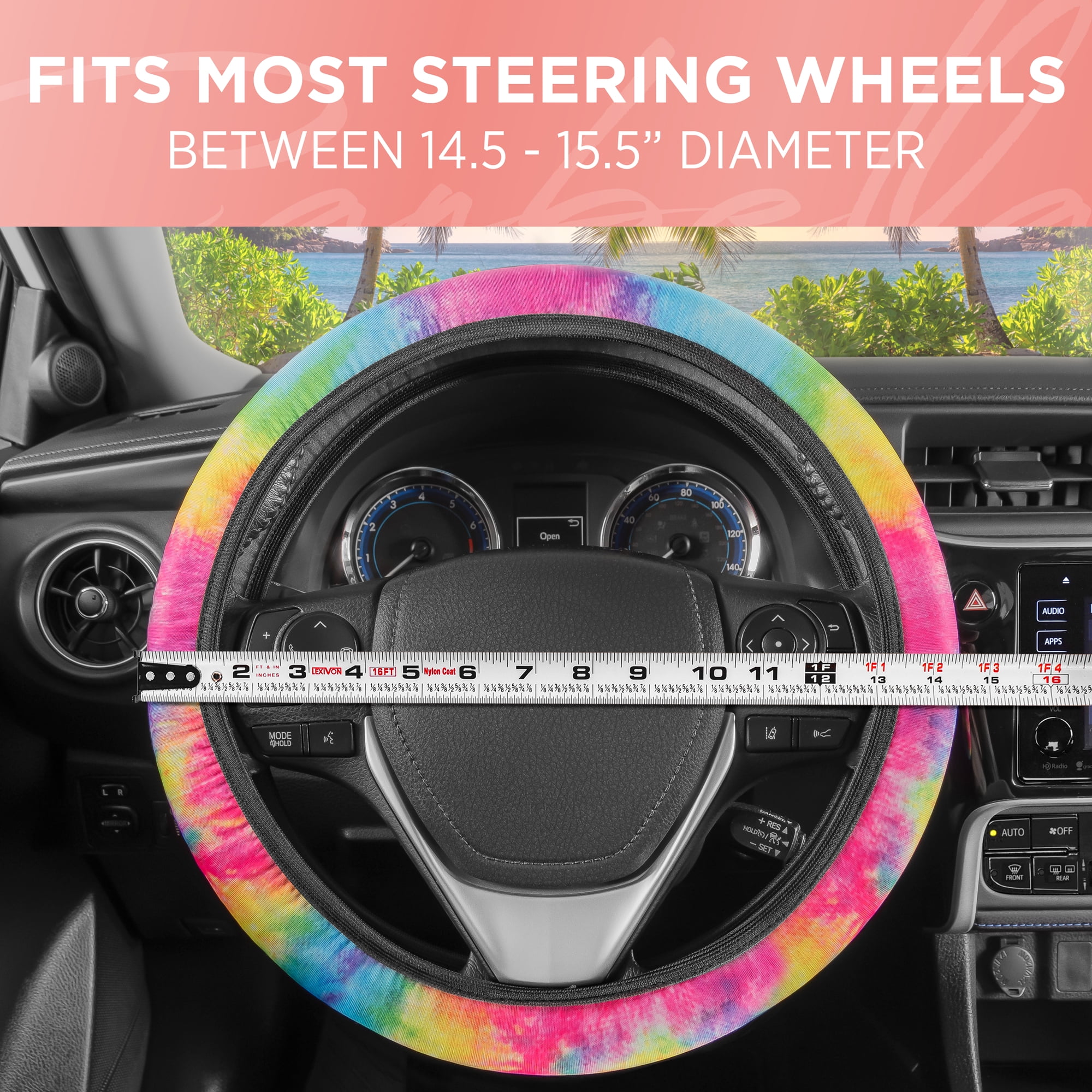Carbella Rainbow Tie-Dye Universal Car Seat Covers Set, Seat Covers with Matching Steering Wheel