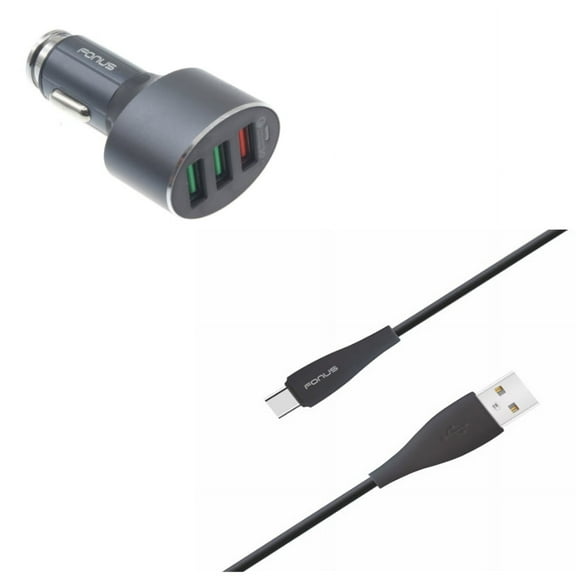 3-Port USB 42W Quick Car Charger w Charger Cord Type-C 6ft USB Cable P1J for ASUS ZenFone 4 Pro - Blackberry Key2, Motion, KEYone, LE - BLU G9, Vivo XI Plus, Pro, 5 - BOLD N1 - CAT S48c S61
