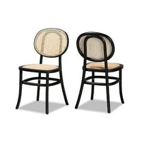 Baxton Studio Garold Mid-Century Modern Brown Woven Rattan and Black Wood 2-Piece Cane Dining Chair Set