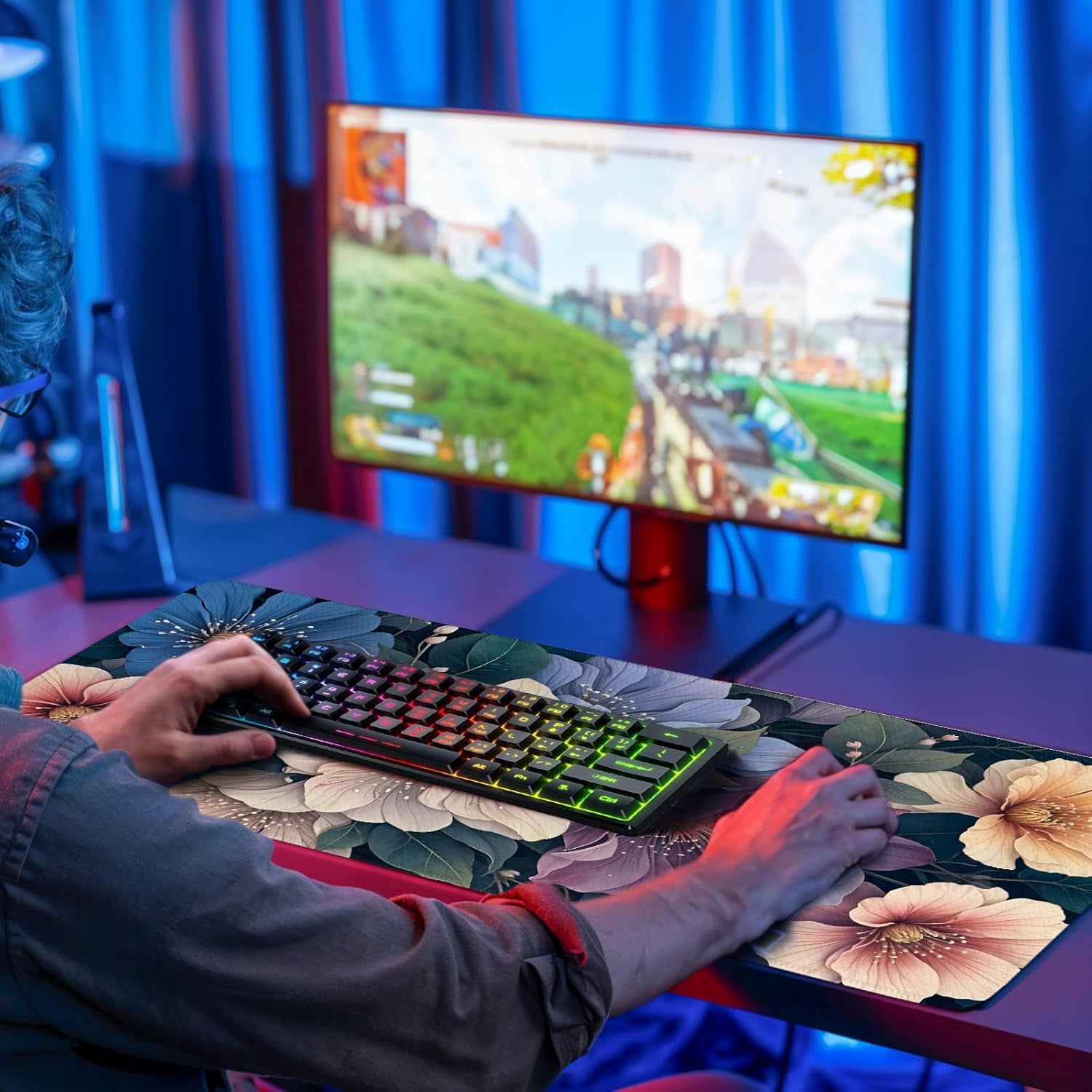 BlueFloral Gaming Mouse Pad, Large Computer Keyboard Mousepad, Flower Mouse Mat Big with Non-Slip Base and Stitched Edges, Long Desk Mat for Home Office 11.8”x 31.4” XL Gift for Christmas