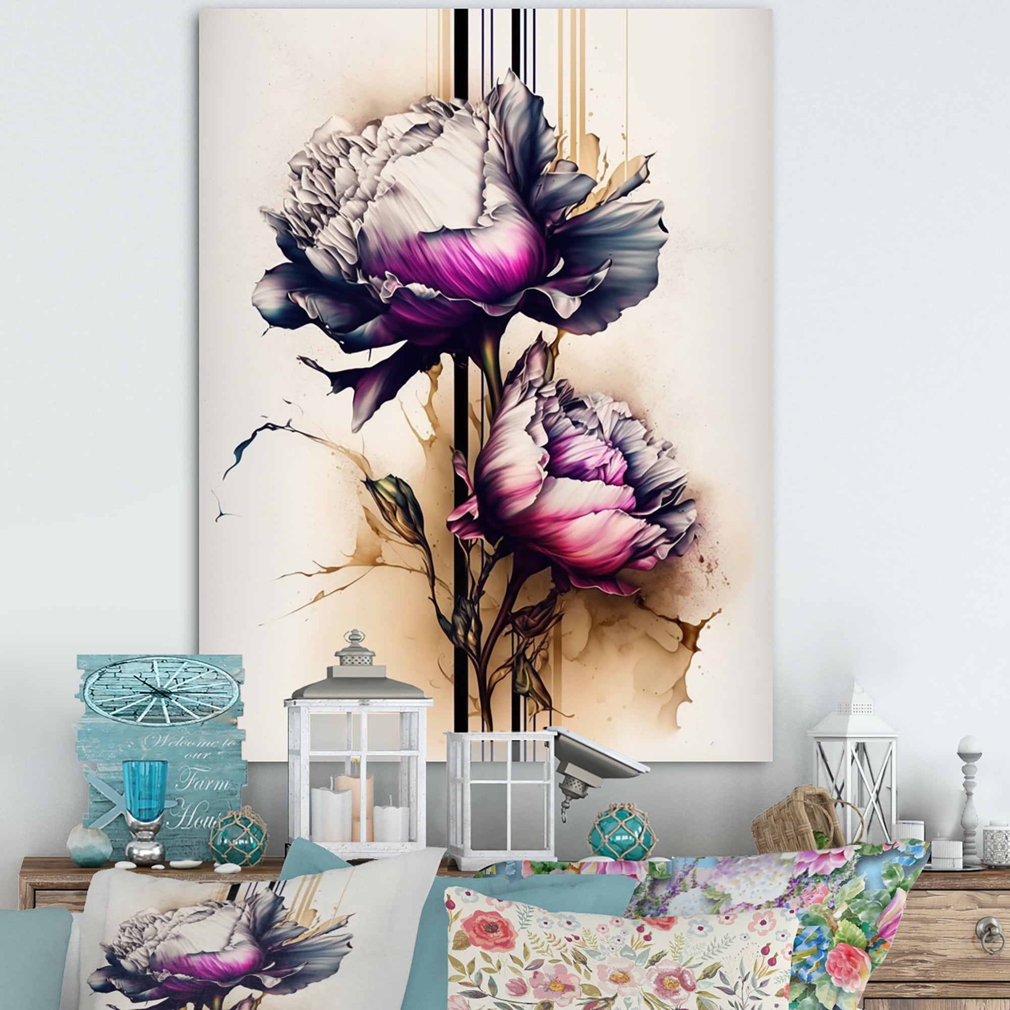 Designart Pink Peony Flower On Abstract Fusion Canvas Wall Art