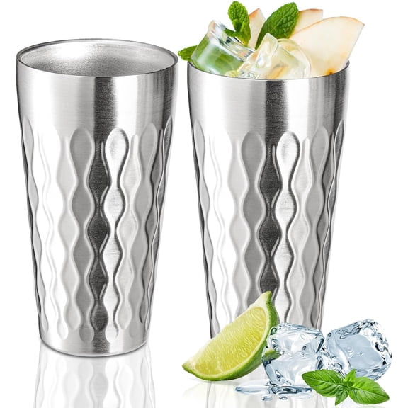 Double Layer Vacuum Insulated Stainless Steel Cups 16 oz Drinking Glasses Water Tumblers Unbreakable Metal Hot & Cold Drinking Cups for Restaurant Bar Party Camping, Set of 2