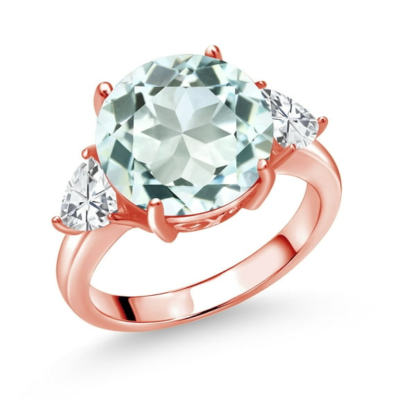 Gem Stone King 18K Rose Gold Plated Silver Sky Blue Simulated Aquamarine 3-Stone Ring for Women (8.24 Cttw, Round 12MM, Trillion 5MM, Size 8)