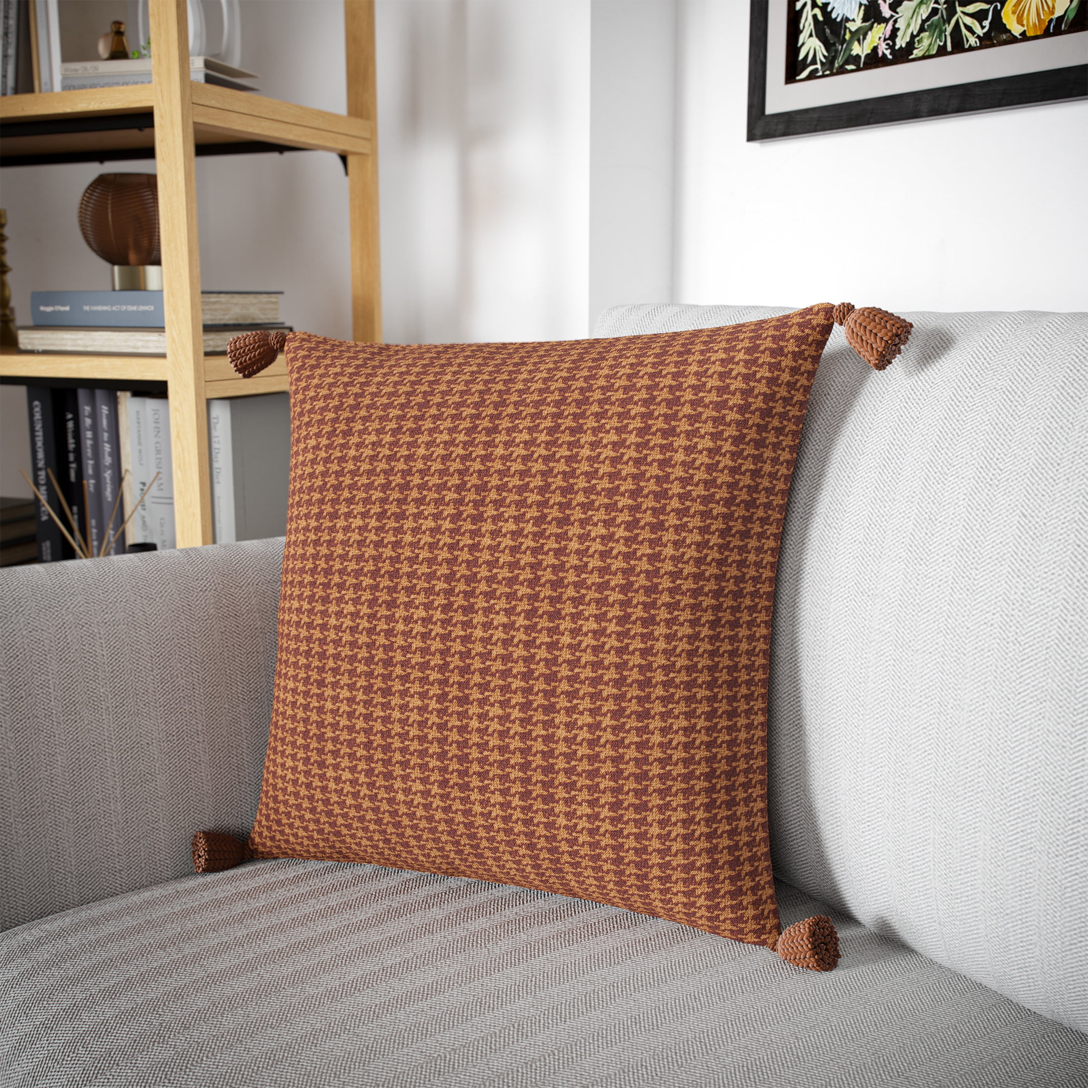 Beautiful Tonal Houndstooth Cotton Decorative Pillow with Tassels by Drew Barrymore, 22" x 22", Rust