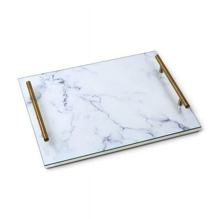 Nua 60464 12 x 16 in. Acrylic Marble & Glass Tray with Gold Handles
