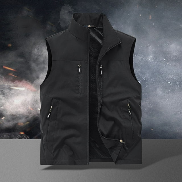 pstuiky Camisetas sin mangas para hombre, Chaqueta informal de verano para hombre, fina, con múltiples bolsillos, color liso y cuello alto. Chaleco para hombre xxl