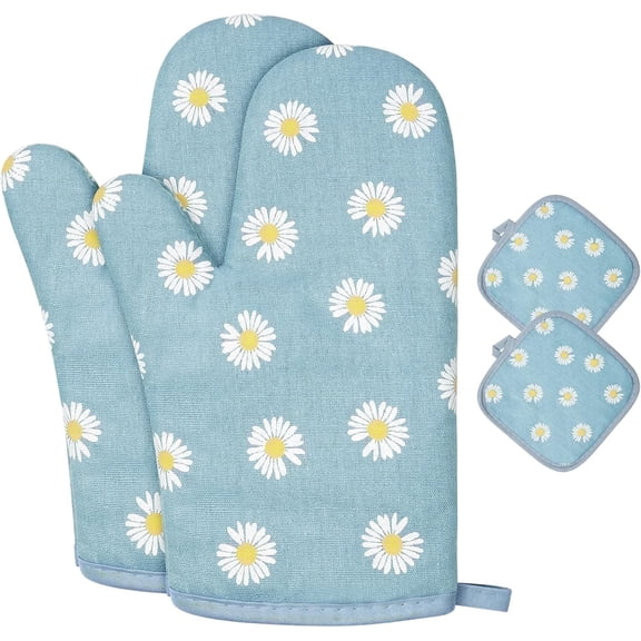 HEETLY Daisy Print Pot Holders and Oven Mitts Set, 4 Piece Cotton Oven Mitts and Potholders, Heat Resistant 392°F, Kitchen Mittens for Cooking Baking Grilling