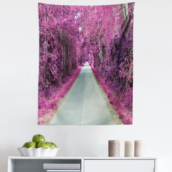 Trees Tapestry, Pastel Fuchsia Colored Blossoming Branches and Old Asphalt Road Scenery View, Fabric Wall Hanging Decor for Bedroom Living Room Dorm, 5 Sizes, Pink and Pale Teal, by Ambesonne