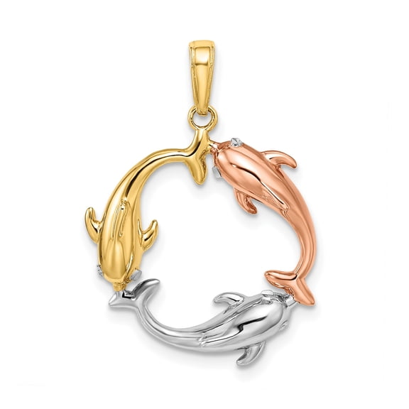 14k Tri-Color Gold Dolphin Circle Pendant Charm, Polished Marine Jewelry for Women
