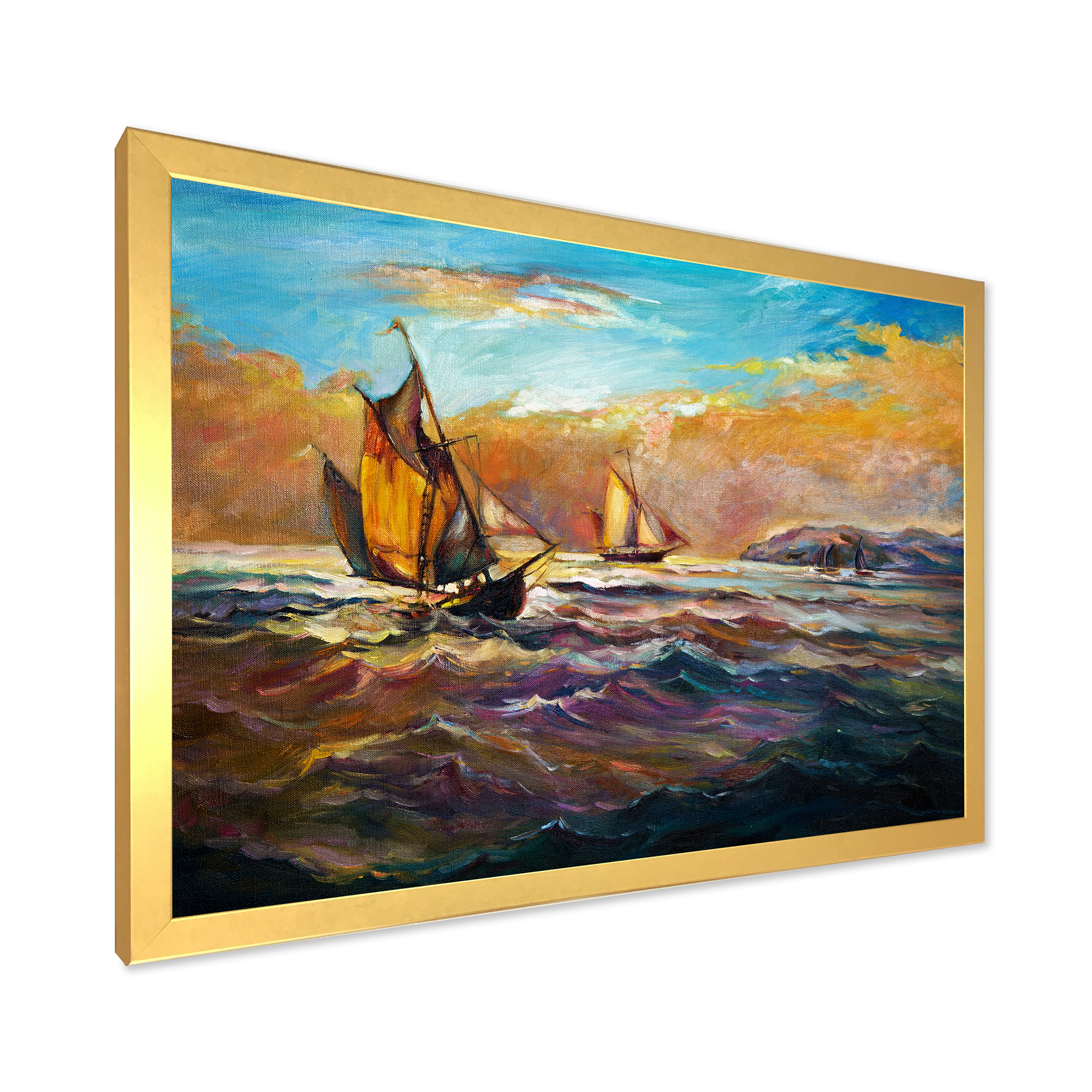 Boats During Evening Sunset In The Ocean II 32 in x 24 in Framed Painting Canvas Art Print, by Designart