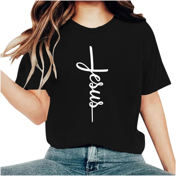 Camisetas de Cuello de Tripulación de Manga Corta para las Mujeres Cartas de Impresión de Pascua Camiseta de Manga Corta, Spandex de Poliéster