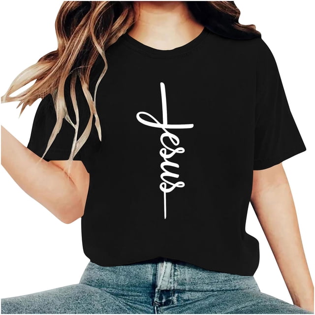 Camisetas de Cuello de Tripulación de Manga Corta para las Mujeres Cartas de Impresión de Pascua Camiseta de Manga Corta, Spandex de Poliéster
