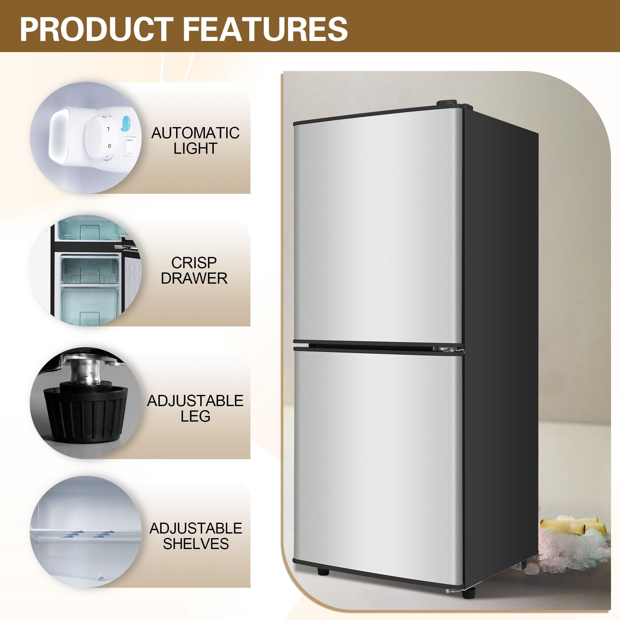 4.2 Cu.Ft Small Fridge with Freezer, 7 Level Adjustable Thermostat, 2 Door Design, Removable Glass Shelves, Quiet 38dB Energy Saving for Dorm Office Kitchen, Silver