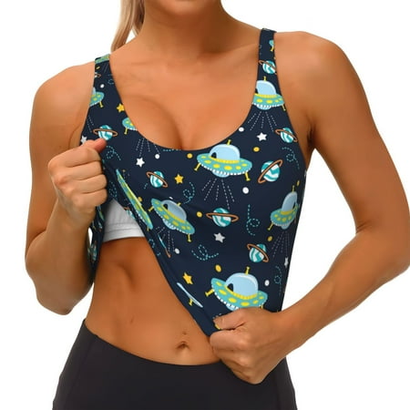 Qokaie Galaxy With Ufo Pattern Womens Scoop Neck Sports Bra Breathable Workout Vest Padded U Back Medium Impact Fitness Gym Yoga Bra Workout Crop Top