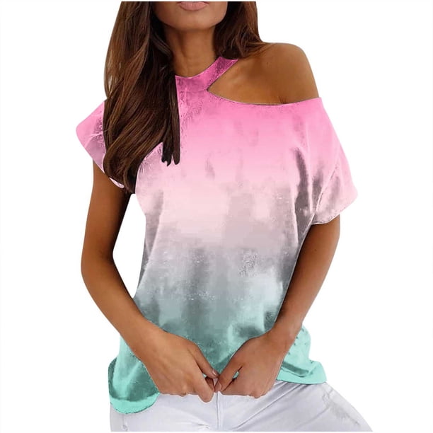 Mujeres Verano Cuello Redondo Manga Corta Estampado Sin Tirantes Camiseta Tops Blusas OAVQHLG3B Store lin121212