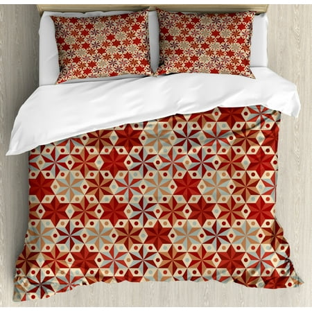 Red And Brown Duvet Cover Set Abstract Anise Stars Pattern In