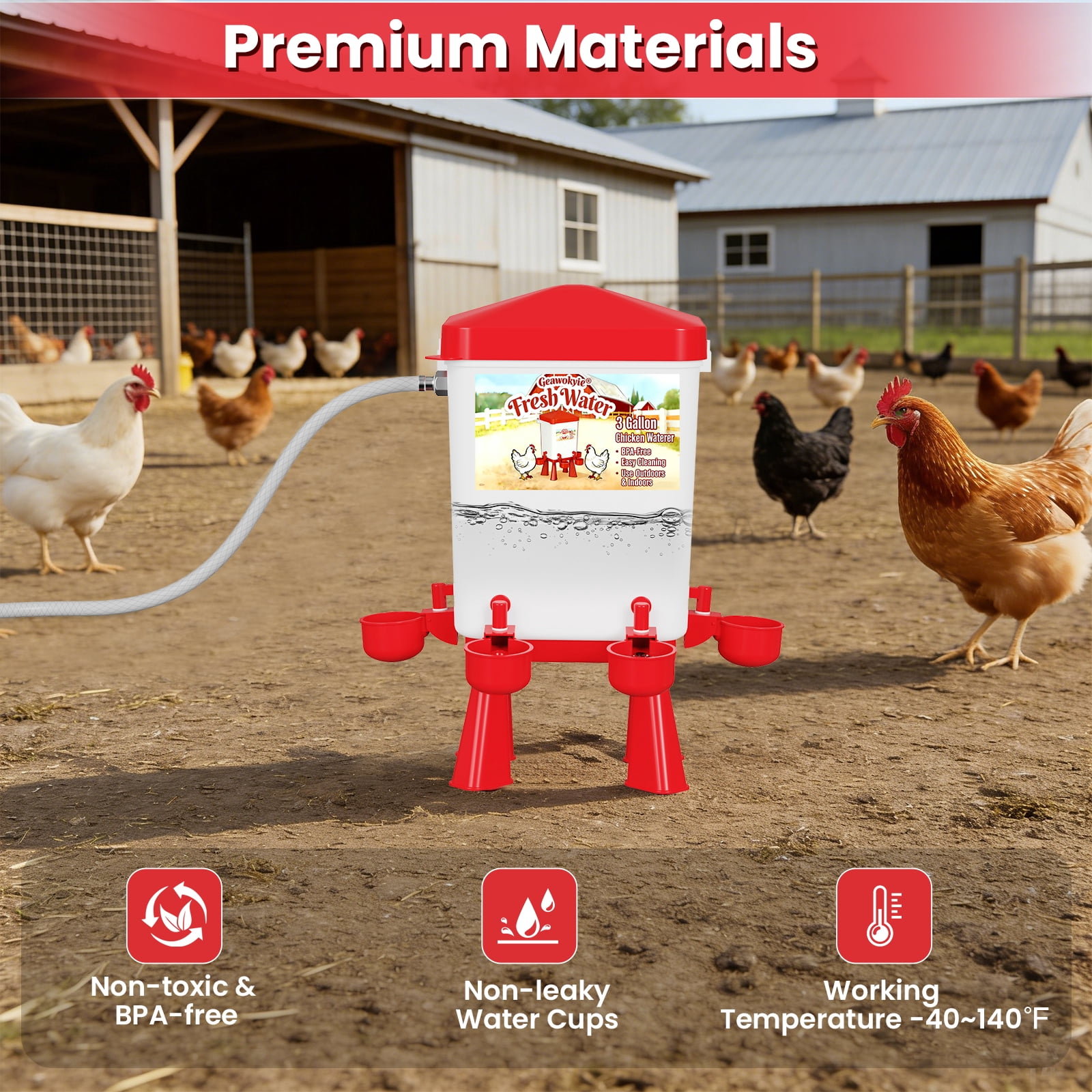 3 Gallon Red Automatic Chicken Waterer, Float-Controlled Continuous Water, Hose Connectable, Hands-Free Poultry Water Feeder for Chicks Ducks Geese