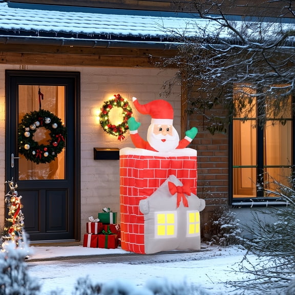 7FT Christmas Inflatable Santa in Chimney Up and Down, Blow Up Decoration with Built-in LED Lights