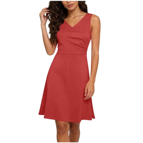 Staron Women's V Neck Wrap Dress Sleeveless Ruched Drawstring Mini A-Line Casual Party Cocktail Bodycon Dress, Red S