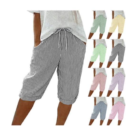 Womens Capri Pants Casual Striped Knee Length Capris Summer Elastic Waist Wide Leg Beach Shorts with Pockets