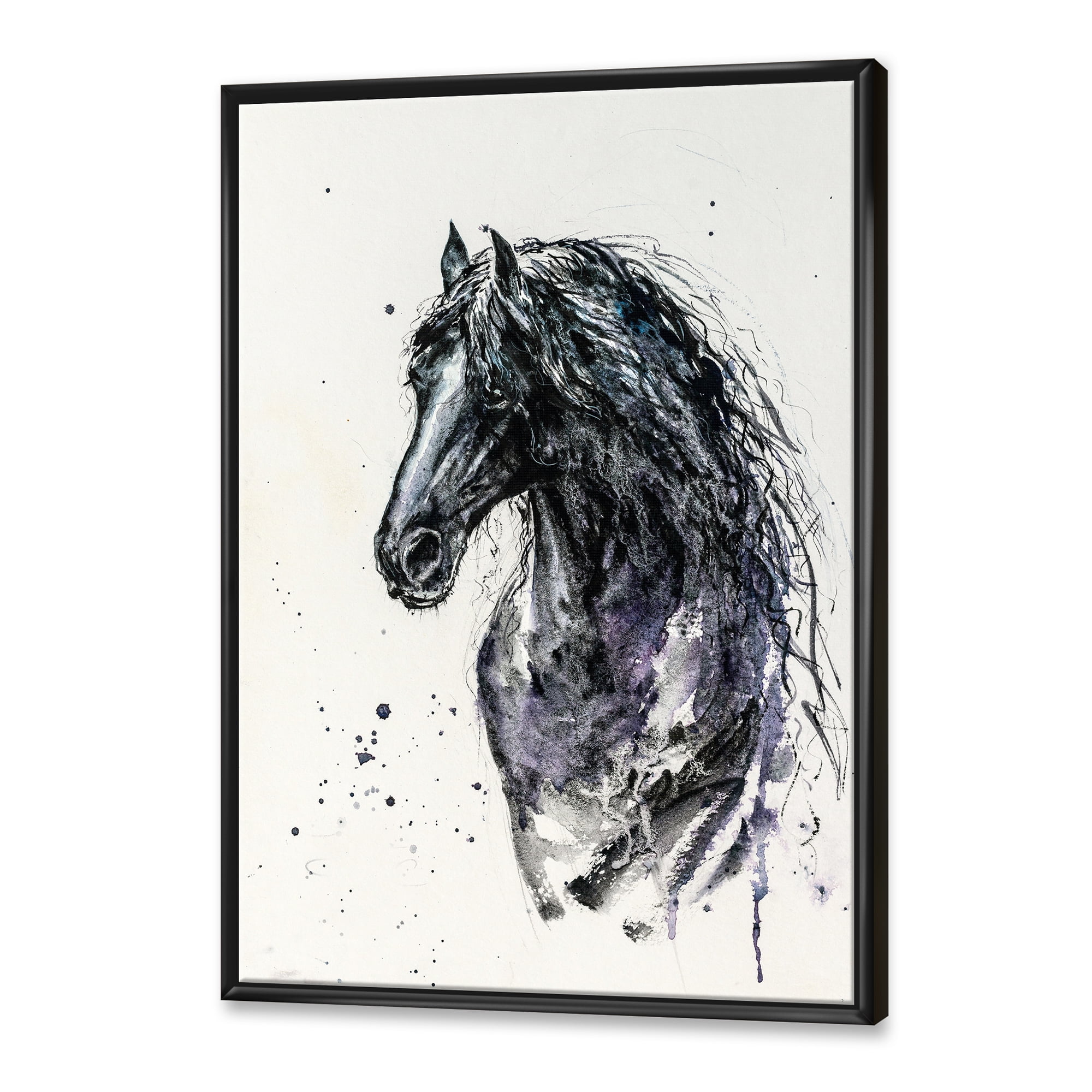 Designart 'Close Up of Friesian Horse With Long Manes' Farmhouse Framed Canvas Wall Art Print