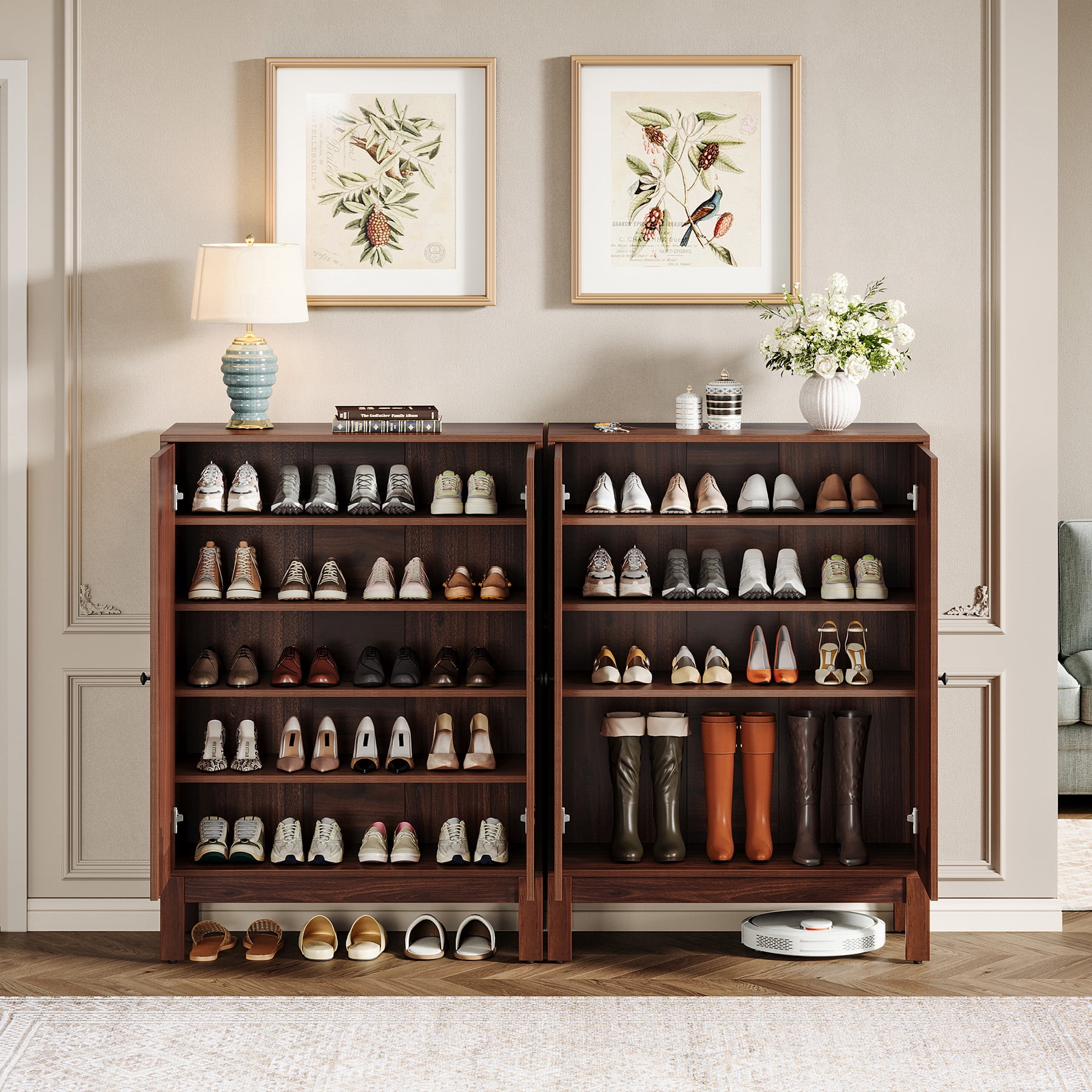 Fnova 5-Tier 20 Pairs Shoe Cabinet with Doors, Narrow Wooden Shoe Rack Organizer with Adjustable Shelves for Entryway, Hallway, Living Room, Brown