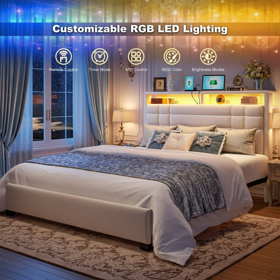 EnHomee Queen Bed Frame with Storage Shelf Upholstered Platform Bed Frame with LED Lights Metal Bed Frame with Charge Station, Beige