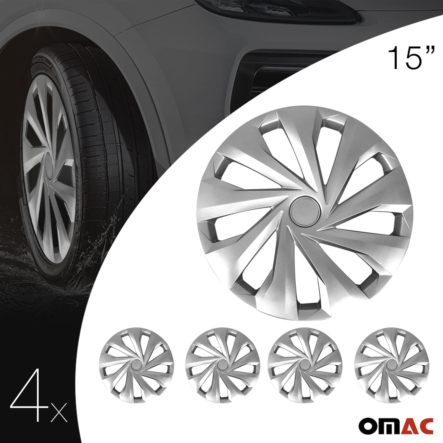 OMAC 15" Wheel Covers Guard Snap on Silver Hub Caps fit R15 Tire Steel Rim 4 Pcs Set
