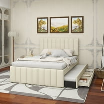 Full Size Upholstered Platform Bed with Twin Size Trundle and 3 Drawers, Linen Fabric, Beige