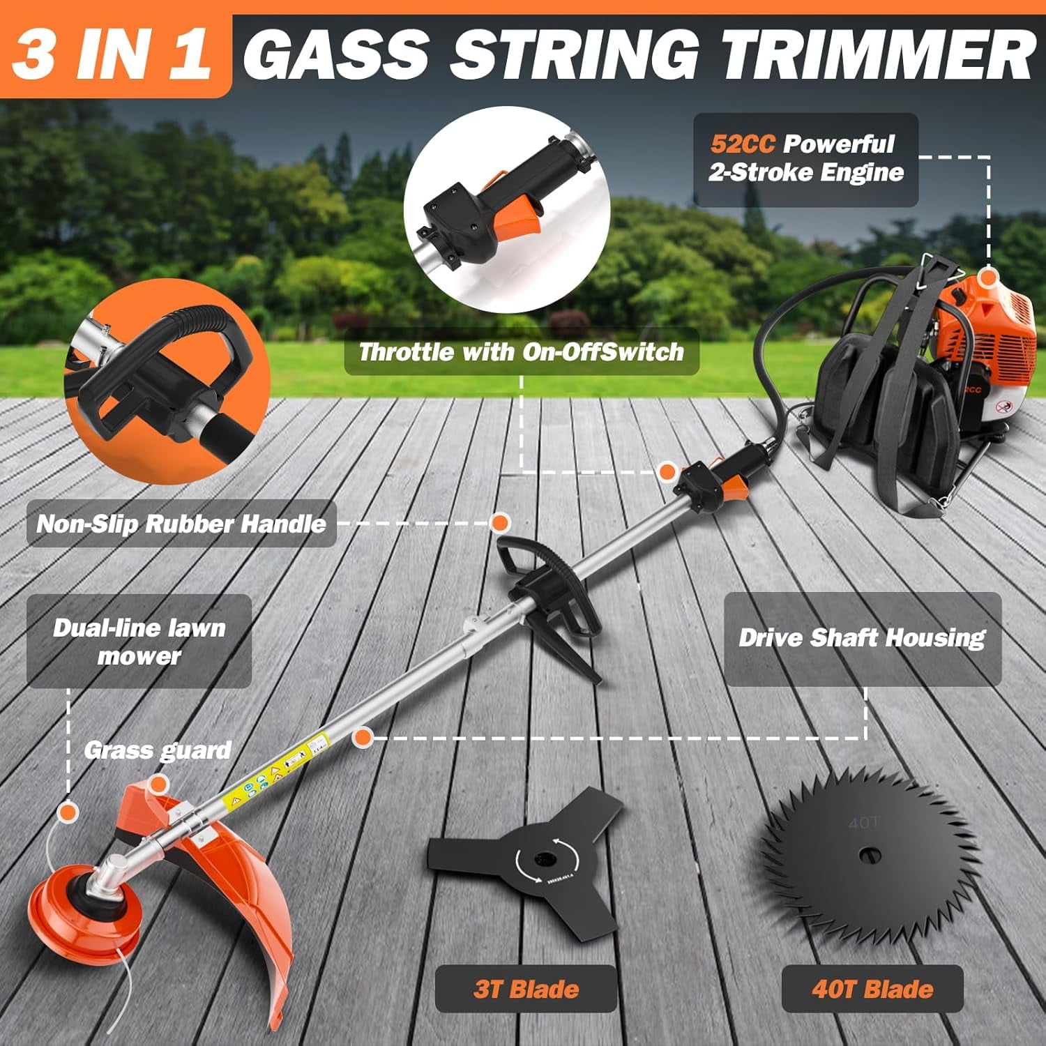 Datingday 52cc 3 in 1 Weed Eater Gas Powered,2-Stroke Gas Brush Cutter,Gas String Trimmer and Gas Weed Wacker Trimmer for Weeds and Grass