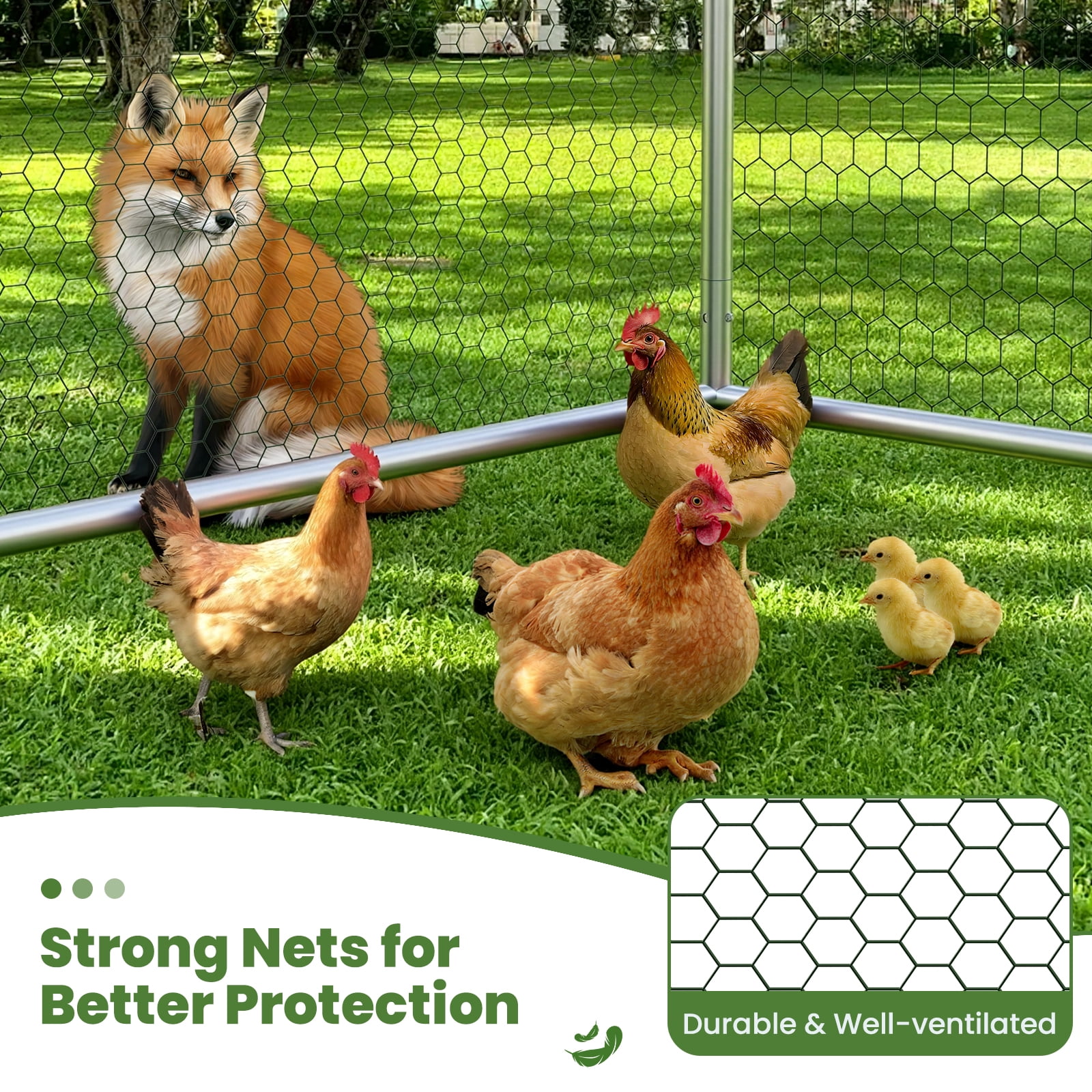 YOKWOK 9.8‘Lx10'W Large Metal Chicken Coop with Climbing Frame, Outdoor Walk-in Poultry Cage Heavy Duty Chicken Runs Hen House with Waterproof Anti-UV Cover for Yard and Outdoor Farm, Spire Roof