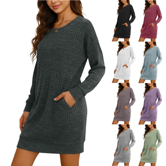 Vetsdori Womens Long Sleeve Mini Dresses Holiday Tunic Dresses Black Party Crew Neck,Summer Solid Color Dress for Junior Lightweight