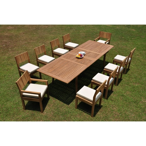 Grade-A Teak Dining Set: 10 Seater 11 Pc: 118" Double Extension Rectangle Table And 10 Veranda Chairs (2 Arm & 8 Armless Chairs) WholesaleTeak #WMVR41