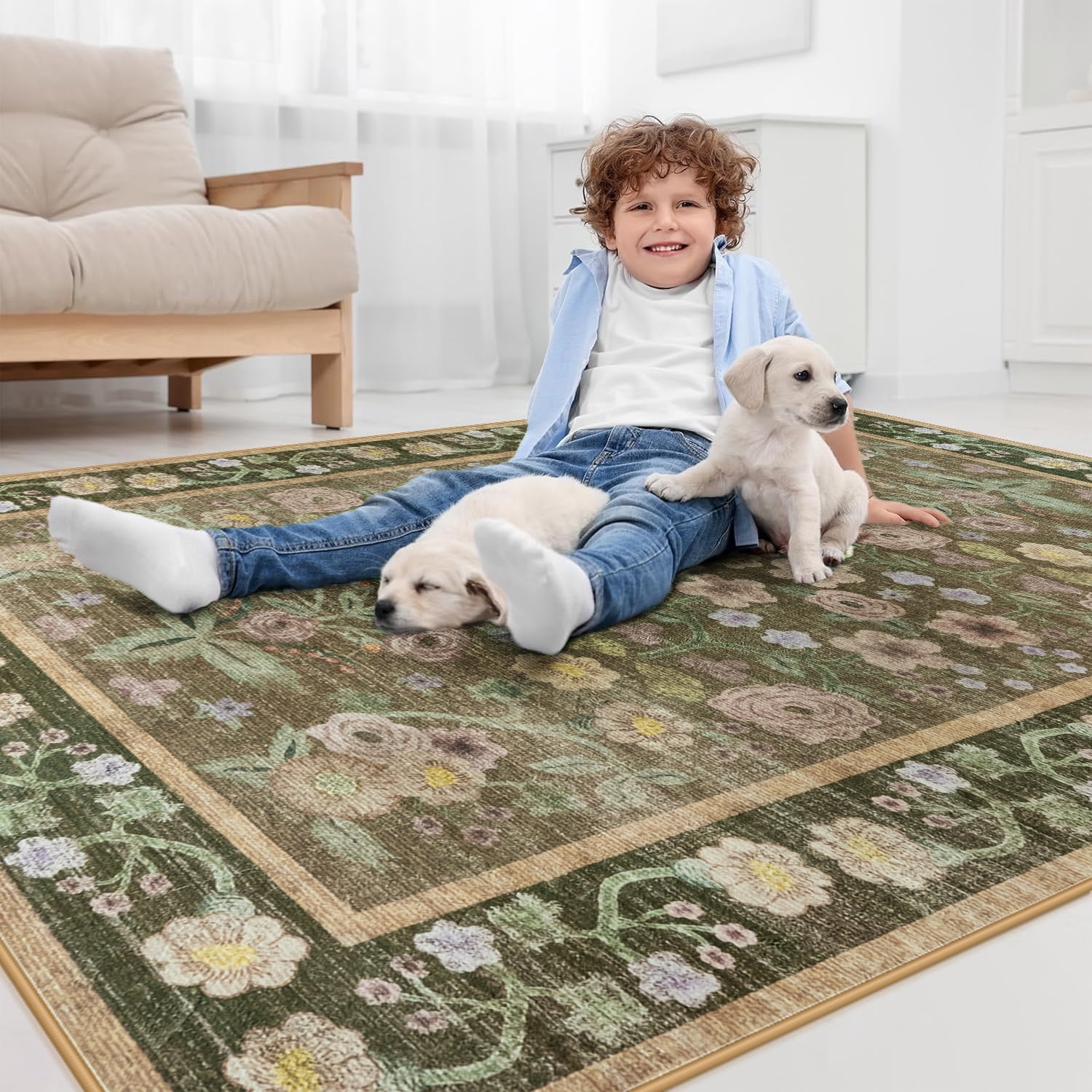 Ultrug Floral Area Rug Soft Non Slip Vintage Rugs for Living Room Bedroom Home Deocr Flower Carpet,6'x9',Coffee