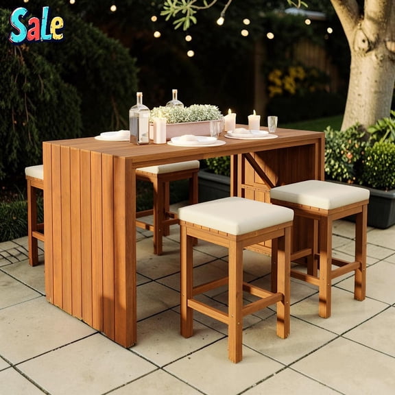 GZXS 5 Piece Outdoor Acacia Wood Bar Table Set, 45" Rectangular Table with 4 Backless Stools & Beige Cushions, Space-Saving Patio Dining Set for 4, for Deck/Garden/Porch (Natural)