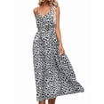 thumbnail image 3 of Women'S Summer Spaghetti Straps Flared V Neck Dress Ruched Sleeveless Leopard Beach Long Dress White M, 3 of 9