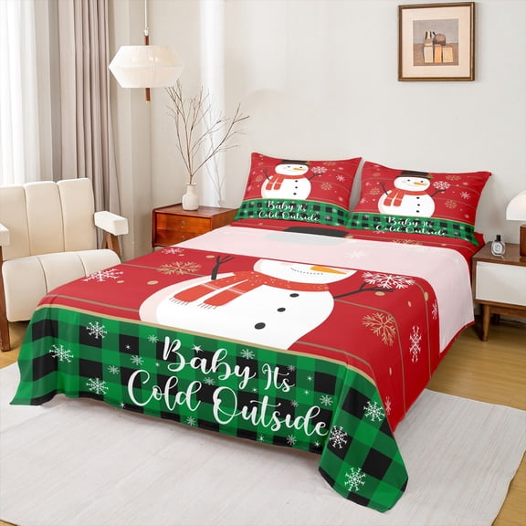 Manfei Kids Snowman Full Size Sheets 4-Piece for Boys Girls, Winter Snowflakes Bed Sheets, Merry Christmas Sheet Sets, Red Green Plaid Bedroom Decor
