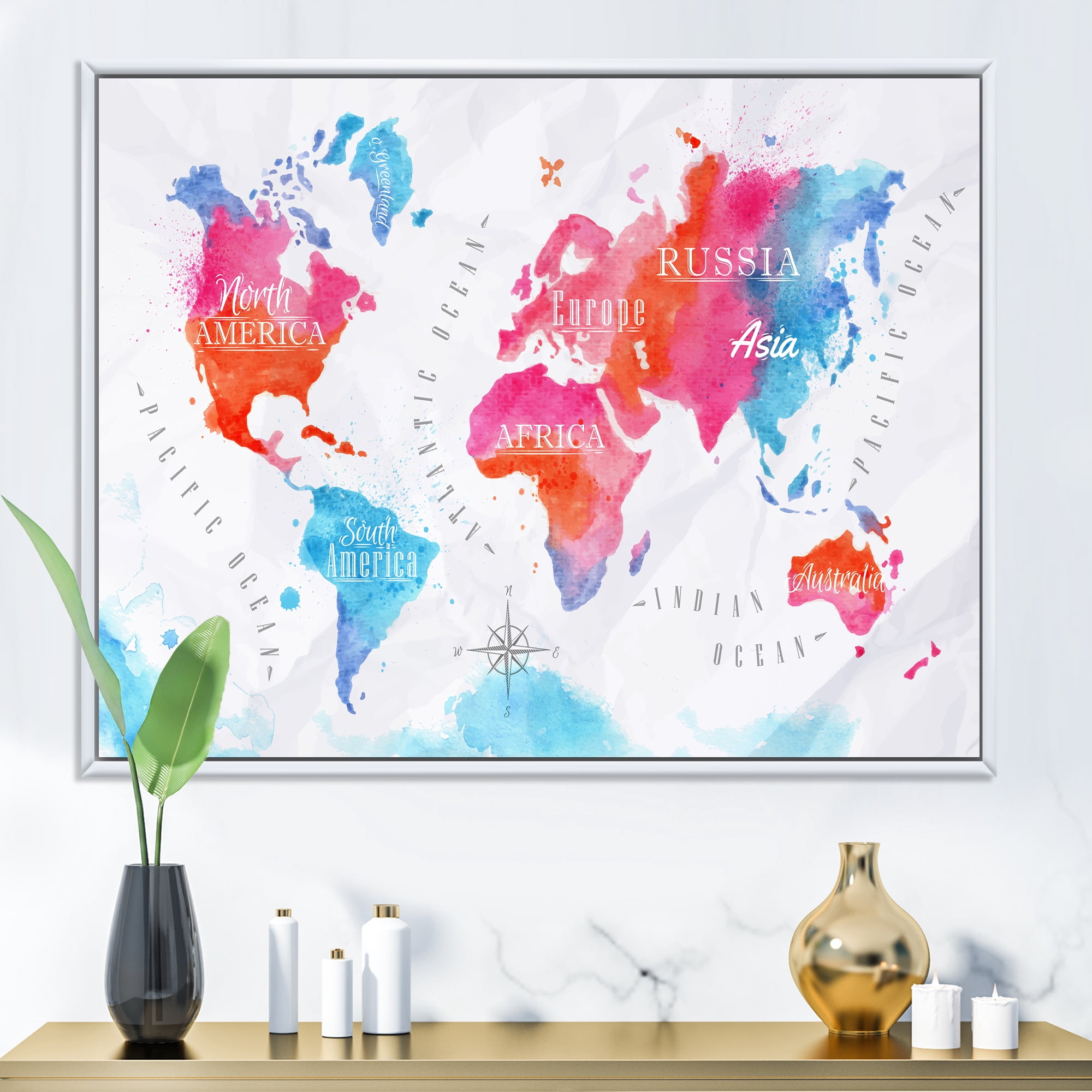 Designart 'World Map In Blue and Pink' Modern Framed Canvas Wall Art Print