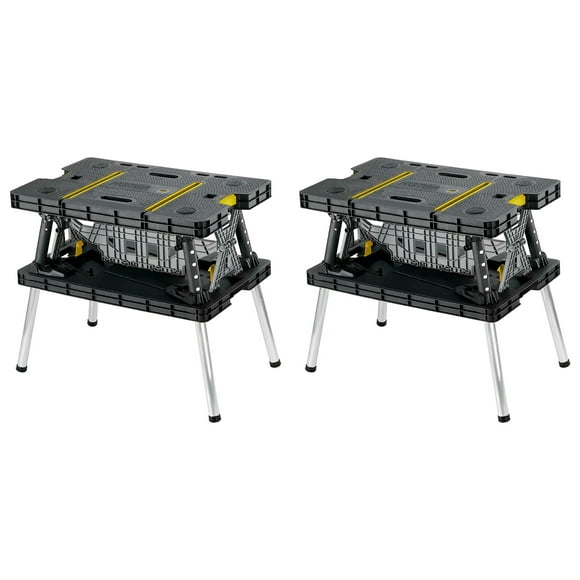 Keter Folding Workbench Sawhorse with 12" Clamps, Black/Yellow (2 Pack)