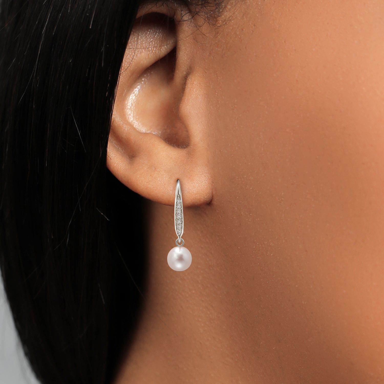 Gem Stone King Cultured Freshwater Pearl and Lab Grown Diamond Dangle Earrings for Women | 925 Sterling Silver | 1 inch | Pearl Size 6MM | Fine Jewelry Gifts for Women Mom Wife Her