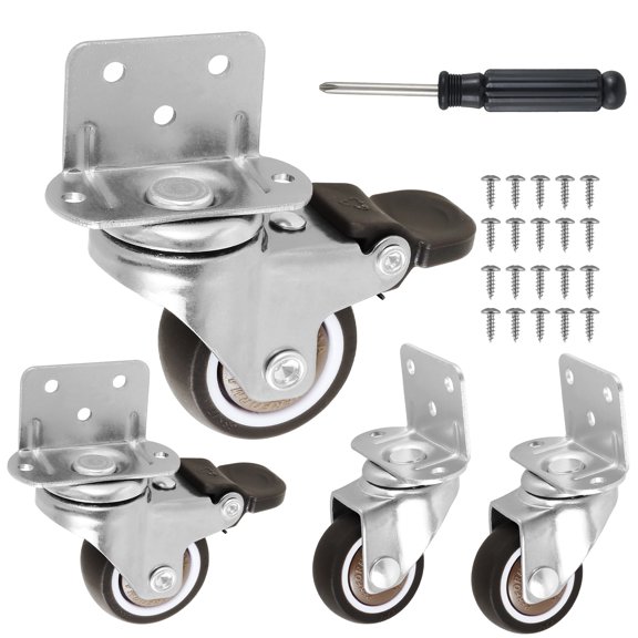 FUYGRCJ 4Pcs L Shaped Caster Wheel Set 1/1.5/2inch Soft Rubber Side Mount Caster Wheel 90° Right Angle Furniture Swivel Castor with Brake Silent Roller Castor 10kg Load Capacity for Cabinet