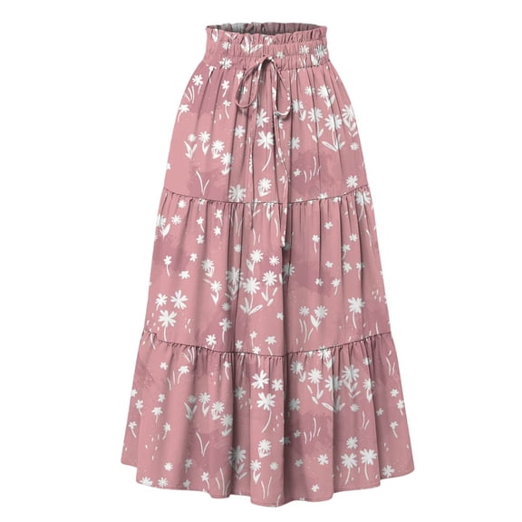 Women’s High Waist Floral Print Maxi Skirt with Elastic Waistband and Drawstring Bohemian Style A-Line Long Skirt for Casual Wear Light pink M