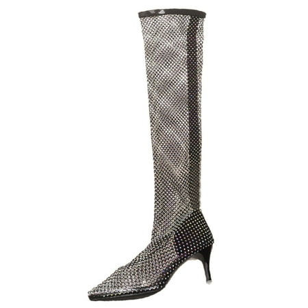 

Mepaouo Women s Jeweled Over The Knee Boots Stiletto High Heel Pointed Toe Sexy Mesh Long Boots(Black 7)