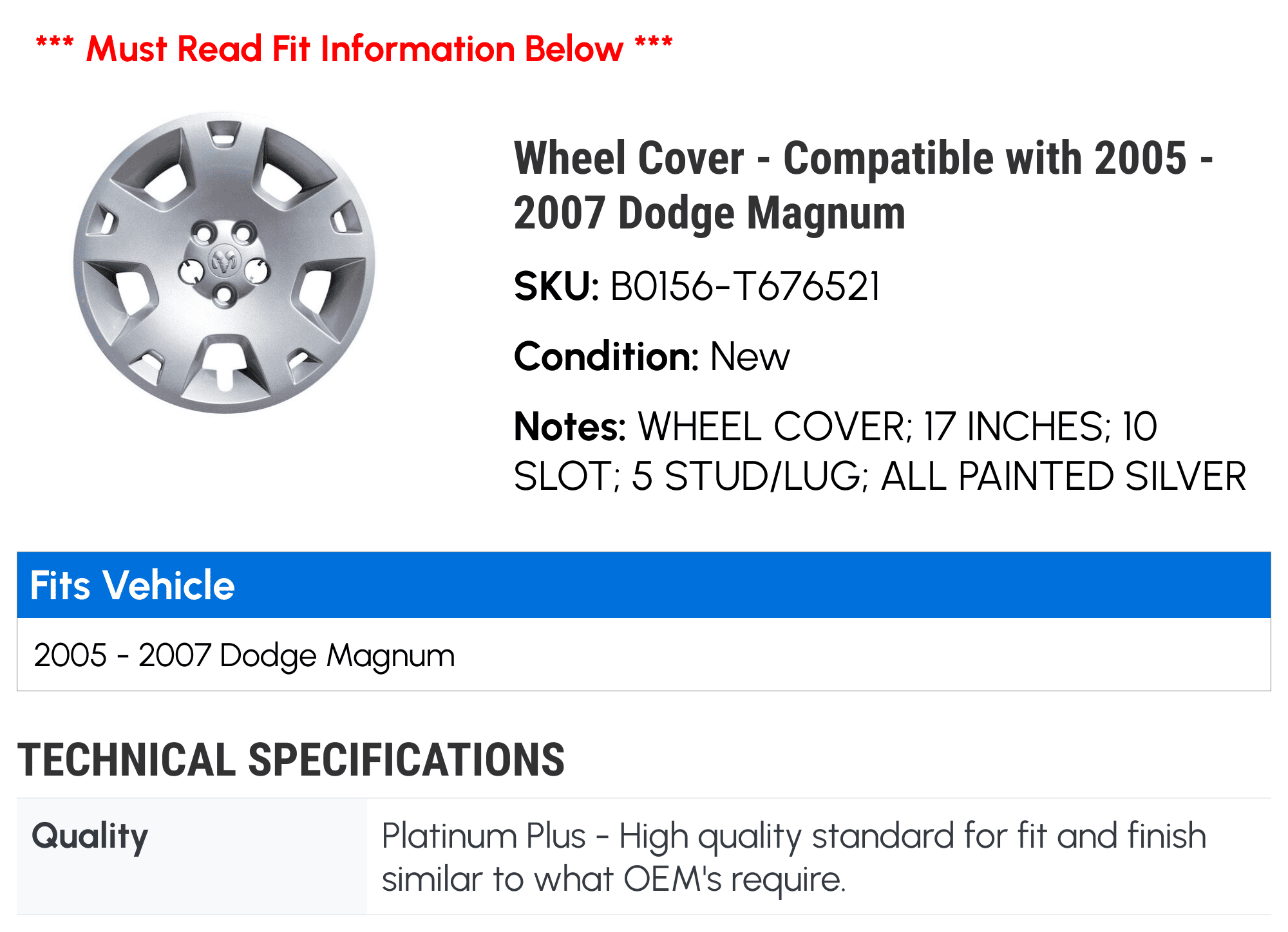 Wheel Cover - Compatible with 2005 - 2007 Dodge Magnum 2006