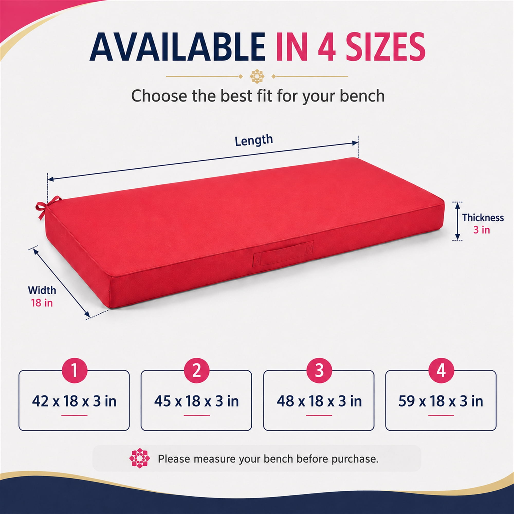 Millsilo 42" x 18" x 3" Outdoor Bench Cushion with Removable Cover, Water-Repellent UV Fade-Resistant Patio Cushion, High-Density Foam, Non-Slip Ties, Red