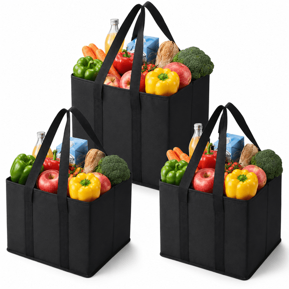 3 Pack Reusable Grocery Bags,Shopping Bags for groceries,Utility Tote with Handles and Hard Bottom,Foldable Shopping Cart Organizer,Multi-Purpose,Heavy-Duty (Black,6 Gallon-3 Pack