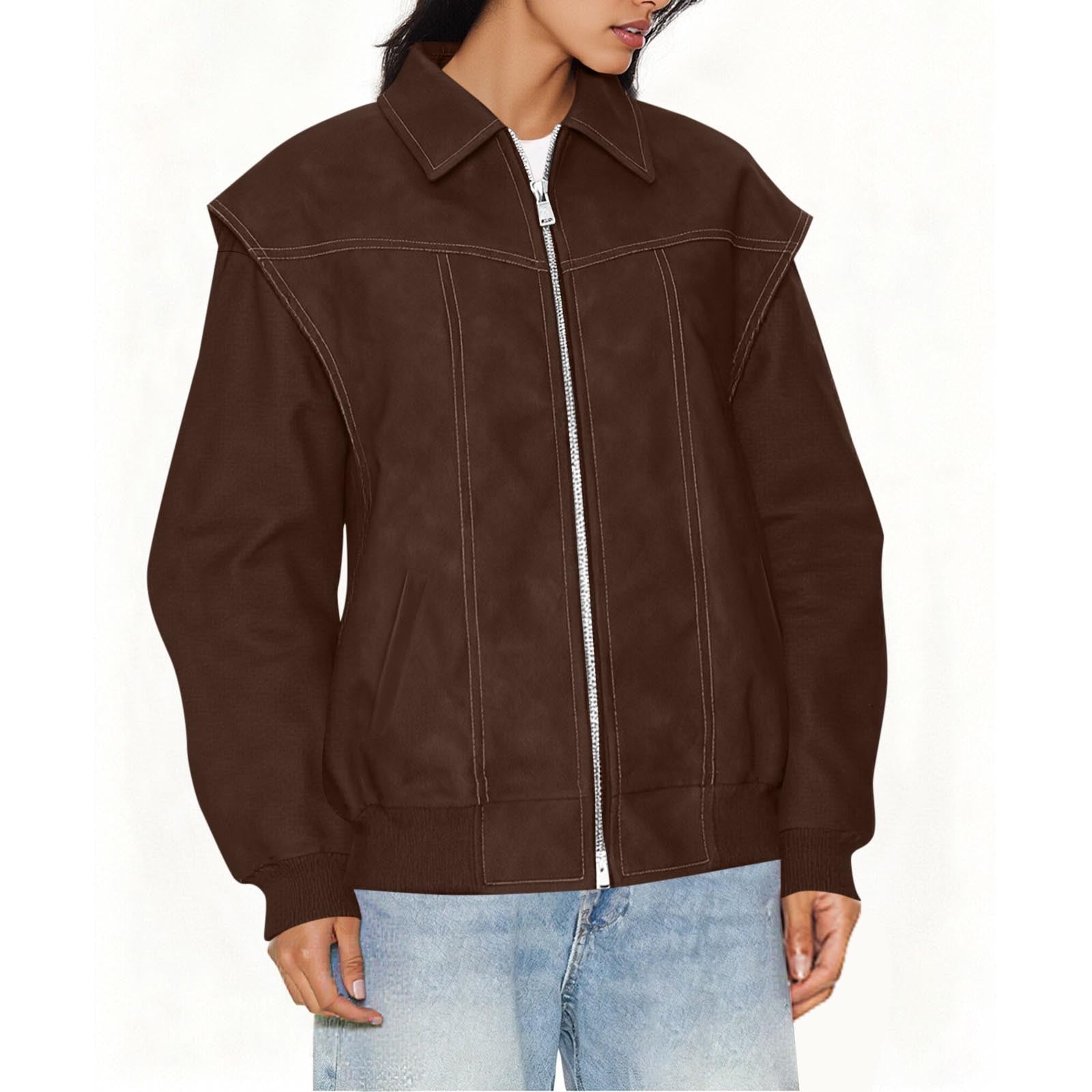 IROINNID Women's Faux Leather Jacket Long Sleeve Front Zip Pocket Biker Moto Jacket